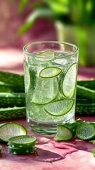 Refreshing aloe vera infused water with ice cubes in a glass.