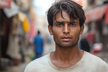 Fototapeta premium A close-up portrait of a young Indian or Pakistani man wearing a casual t-shirt, with a blurred background.