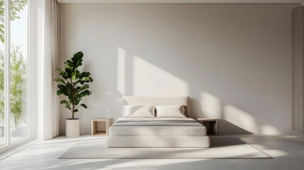 A simple minimalist room design featuring a neutral color scheme, emphasizing clean lines and subtle contrasts for a serene and modern aesthetic.