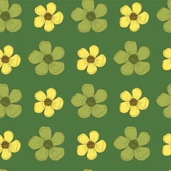 Seamless pattern with unique buttercup on green background.eps