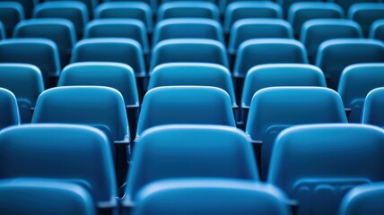Fototapeta premium A repetitive pattern of blue chairs arranged in rows, ideal for background or seating concepts in designs.