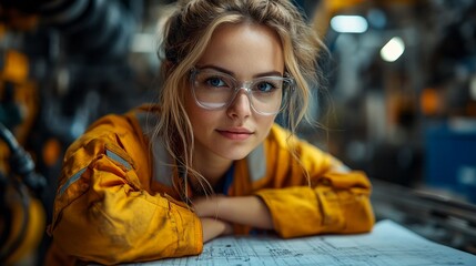 Confident Engineer: A young woman in a yellow jumpsuit and safety glasses, with blonde hair, leans confidently on blueprints in a workshop setting.  