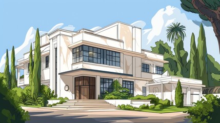 Fototapeta premium Vibrant illustration of a modern luxury villa surrounded by lush greenery, featuring a sleek design with large windows, a stylish entrance, and a beautifully landscaped garden, perfect for upscale