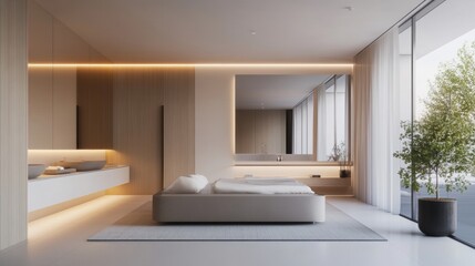 A simple minimalist room design featuring a neutral color scheme, emphasizing clean lines and subtle contrasts for a serene and modern aesthetic.