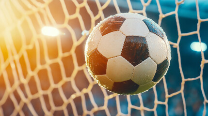Fototapeta premium A soccer ball hitting back of net, capturing excitement of game. moment is illuminated by warm light, enhancing dynamic action.