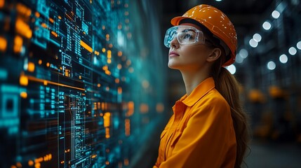 Future of Industry: Female Engineer analyzing complex data on a digital interface in a modern factory, showcasing innovation in manufacturing and industrial automation. 