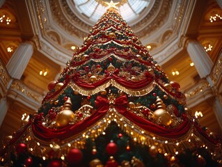 Obraz premium Ornate Christmas Tree With Gold and Red Decorations In A Grand Hall