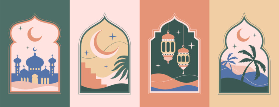 Ramadan kareem arches, old islamic window shape with crescent moon, lanterns and mosque dome in oriental style. Arabic frames or arabian doors. Muslim architecture design elements, eid mubarak gates