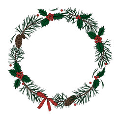 An elegant wreath illustration with fir branches, mistletoe, and berries. The vintage style, round border for creating festive Christmas cards or holiday decorations with a touch of traditional charm