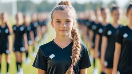 A confident teenage girl wearing black soccer uniform stands in front of her teammates, showcasing leadership and determination on field.