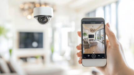 A woman checking security camera feed on her smartphone in modern living room. scene conveys sense of safety and modern technology.