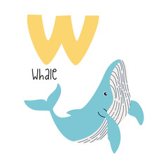 Cute flat vector illustration. Cute whale and letter V. Animals and letters of alphabet . Vector illustration