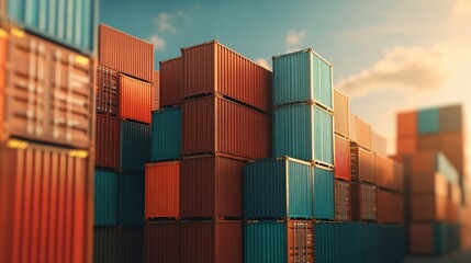Vibrant Stacks of Shipping Containers Against a Sunset Sky: The Art of Logistic Transportation