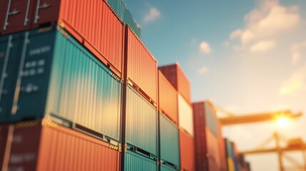 Fototapeta premium Vibrant Stacks of Shipping Containers Brighten the Port at Sunset with Captivating Perspectives