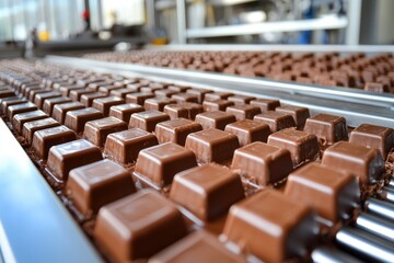 Obraz premium Rows of Square Chocolate Pieces Moving on a Conveyor Belt
