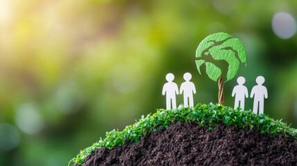 Sustainable development is represented by paper figures and tree on soil. This image symbolizes unity in climate action and environmental awareness.