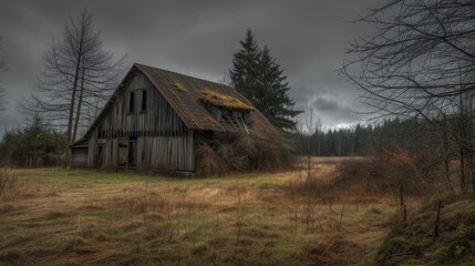 A hauntingly beautiful scene of an abandoned barn set against a misty, overcast sky. The dilapidated structure is surrounded by a barren field, evoking a sense of solitude and desolation.