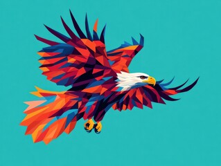 Obraz premium A vibrant illustration of an eagle in mid-flight, showcasing colorful geometric patterns against a bright blue background.