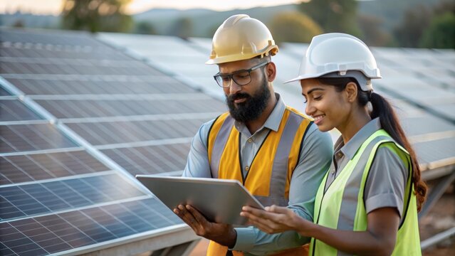 "Solar Panel Technician and Engineer in India" - Technician and engineer working together on solar panels.
