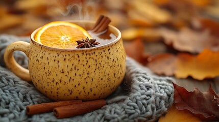 A cozy autumn scene featuring a steaming mug of mulled wine, garnished with orange slices, cinnamon sticks, and cloves, surrounded by fall leaves and a woolen scarf. The warm,