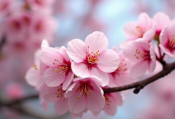 Fototapeta premium Sakura is blooming. Delicate pink cherry blossoms bloom beautifully on a tree branch during the spring season, filling the scene with vibrant colors and a sense of renewal in nature. Generative AI