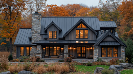 Black metal roof farmhouse, merging rustic farmhouse architecture with the durability and style of a black metal roof