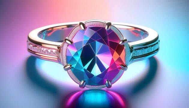 3D illustration of diamond ring design on white background in studio, symbol of love and commitment.