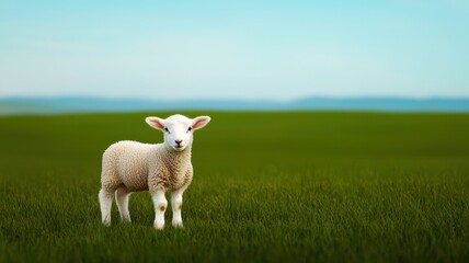 Obraz premium A charming lamb stands in a vibrant green field under a clear blue sky, symbolizing tranquility and nature's beauty.