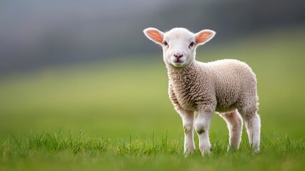 A cute lamb standing in a lush green field, enjoying a peaceful moment in nature under soft sunlight.