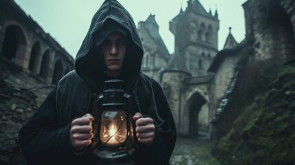 Fototapeta premium A mysterious hooded figure stands in a foggy medieval courtyard, holding a lantern. The stone buildings and eerie atmosphere evoke themes of secrecy and history. Perfect for medieval, fantasy, and