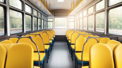 Fototapeta premium Bright and clean bus interior showcasing empty yellow seats and large windows with natural light.