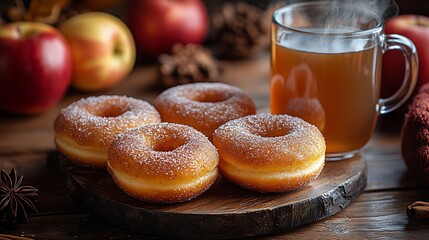 A cozy autumn setup featuring apple cider donuts with cinnamon sugar on a rustic wooden board, surrounded by apples and a steaming mug of cider. The warm, soft lighting creates a welcoming,