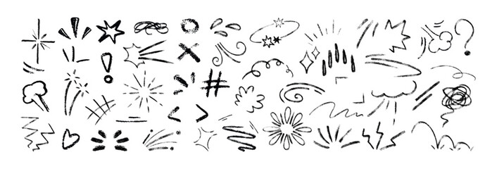 Set of anime emotion effect. Line movement elements. Hand drawing cute chalk doodle emphasis, expression signs, action lines, exclamation marks. Manga cartoon boom, bang, hit, shock and bomb explosion