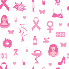 Breast cancer seamless pattern awareness pink ribbon. October is Breast Cancer Awareness Month. Pink on white.