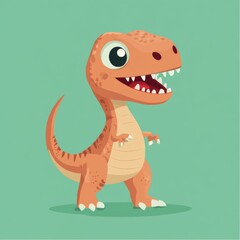 Naklejka premium A cute cartoon dinosaur with big eyes and a toothy grin stands on a green background.