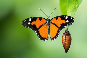 Naklejka premium A vibrant butterfly emerges from its cocoon, showcasing bright orange and black wings amidst a lush green background.