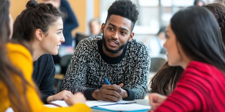 A group of people are sitting around a table, one of whom is writing with a blue pen. Scene is casual and friendly, as the group of people are gathered together to chat and work on a project