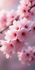 Obraz premium Sakura is blooming. Delicate pink cherry blossoms bloom beautifully on a tree branch during the spring season, filling the scene with vibrant colors and a sense of renewal in nature. Generative AI