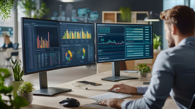Marketing Professionals Analyzing Real-Time Campaign Performance on Large Monitors in a Modern Office, Featuring Natural Light and a Collaborative Workspace with Minimal Tech Aesthetics