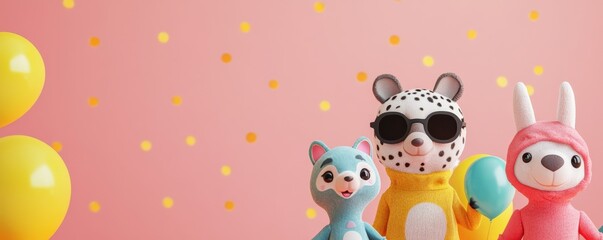 Cute toy characters in playful costumes against a pastel backdrop, perfect for children's parties or decorations.