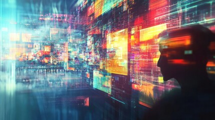 Obraz premium A vibrant multimedia background showcasing moving images, text overlays, and digital graphics in a cohesive design