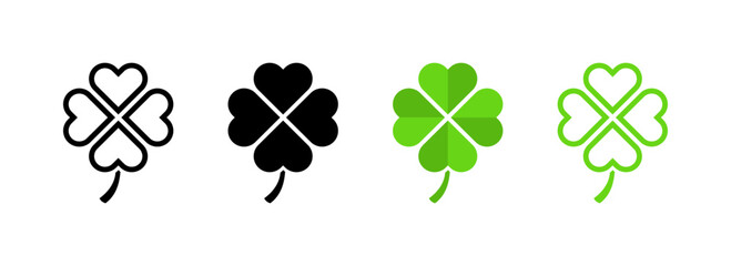 Four-leaf clover set icons. Linear, silhouette and flat style. Vector icons.