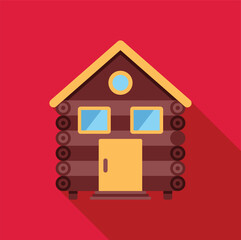 Simple illustration of a wooden log cabin, casting a long shadow over a colorful background