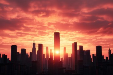 Fototapeta premium Stunning sunset skyline silhouette with vibrant colors, capturing the beauty of modern architecture against a dramatic sky.