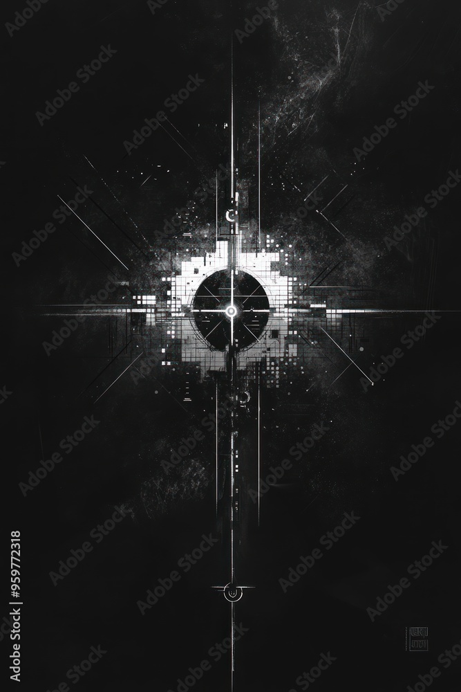 Sticker a digital abstract design in black and white with a circular center and radiating lines.