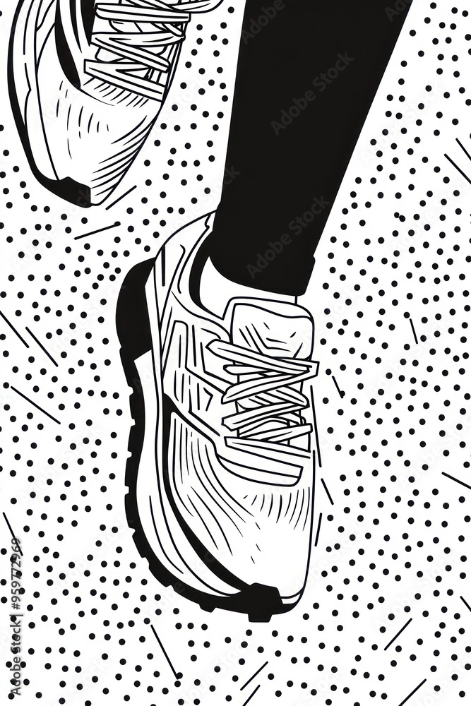 Canvas Prints Black and white illustration of a runner's feet in motion. The detail shows the shoelaces, the texture of the shoe, and the runner's leg.