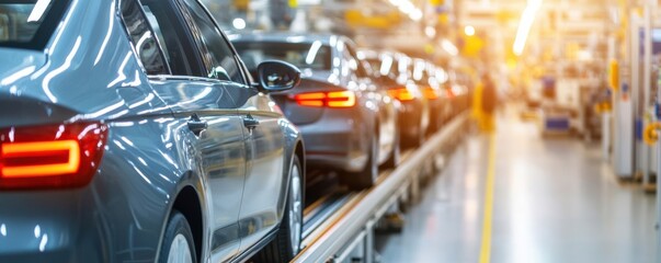Fototapeta premium Modern car factory assembly line showcasing efficient production and sleek vehicles ready for delivery.