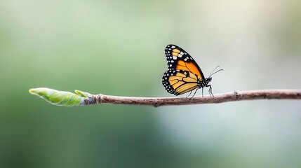 Obraz premium Butterfly emerging from its chrysalis on a delicate branch, symbolizing transformation and growth, new beginnings.