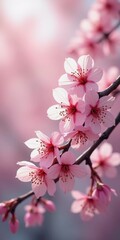 Obraz premium Sakura is blooming. Delicate pink cherry blossoms bloom beautifully on a tree branch during the spring season, filling the scene with vibrant colors and a sense of renewal in nature. Generative AI