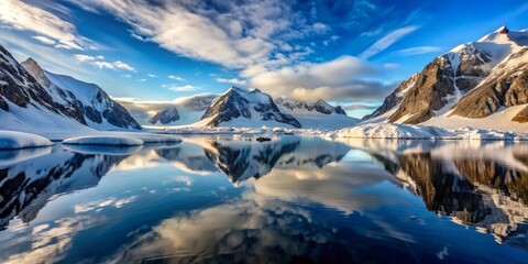 Obraz premium Morning calm at Lake Vostok, with the mirror-like reflection of the surrounding glaciers on the frozen lake surface.